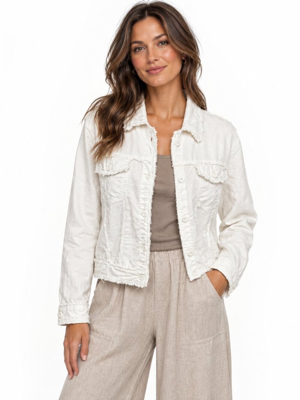 Laura Canada White Boxy Cropped Jacket Linen Viscose Long Sleeve Pockets Size L